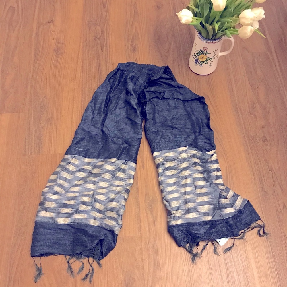 Vintage blue and silver silk scarf with tassels